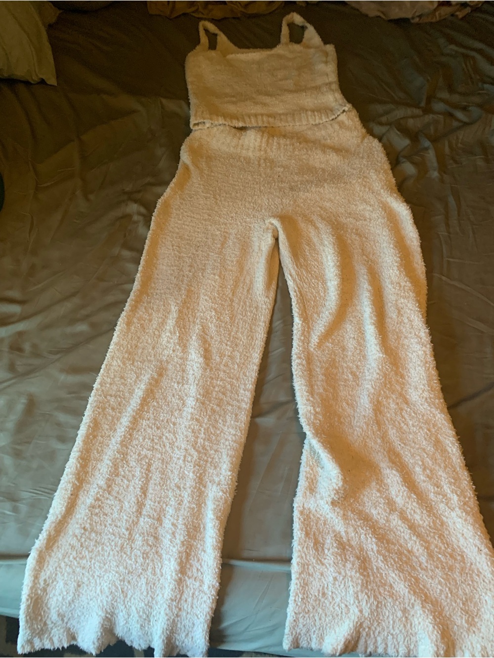 SKIMS Cozy Cream Textured Wide-Leg Pants and matching tank top